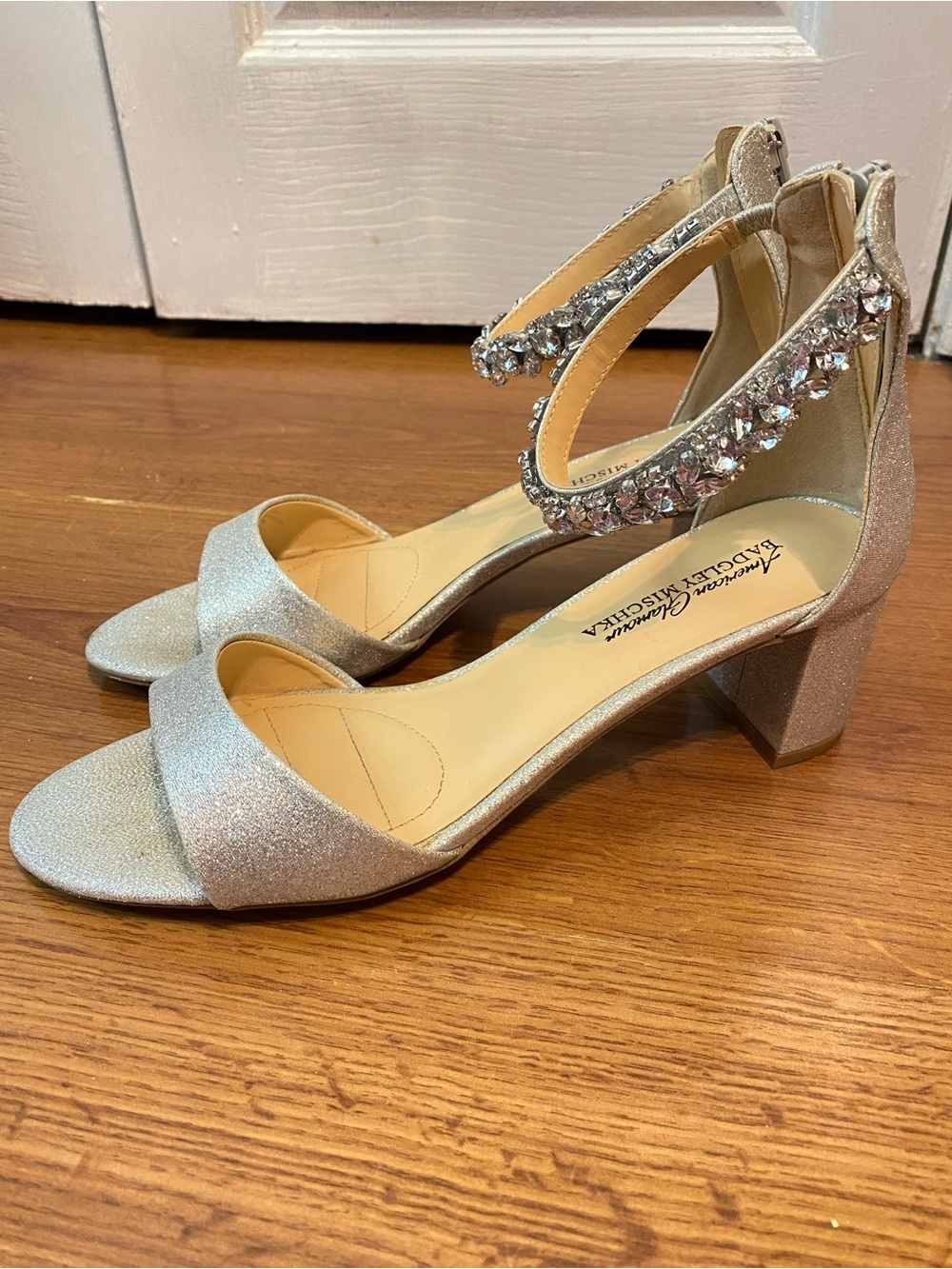 Badgley Mischka Silver Crystal-Ankle Block Heel Sandals